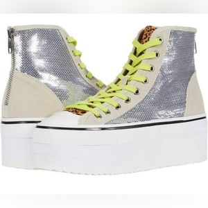 Steve Madden Silver Sequin High-Top Platform Sneakers with Neon Yellow Laces